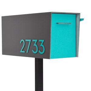 Contemporary Post Mounted Mailbox, Aluminum Metallic Gray Body and Ocean Green Door and Number, Modern Design Custom Mailbox Mailnest Type 4
