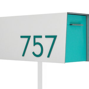 Contemporary Post Mounted Mailbox, Aluminum White Body and Ocean Green Door and Number, Modern Design, Custom Mailbox, Mailnest, Type 4