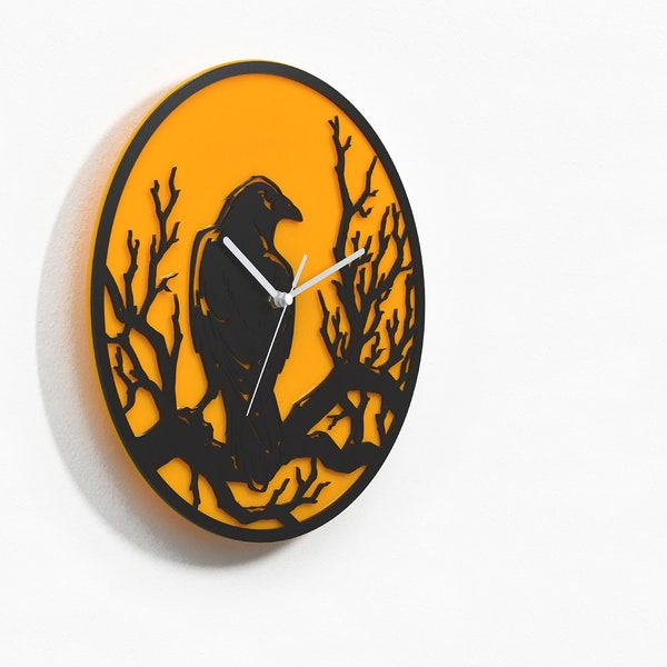 Crow Silhouette Wall Clock - Yellow & Black Silhouette - Raven Decor - Bird Lover Gift - Office Decor - Housewarming Gift - Gothic Decor