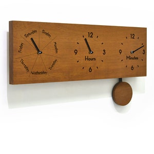 Modern Wooden Wall Clock - Week of the Day and Hours Minutes Clock - Pendulum Wall Clock - Laser Engraved Iroko Wood - Office Wall Decor