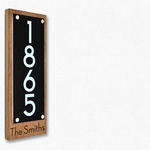 Modern House Numbers - Framed laser Engraved - LED Light 5V or 12V - Iroko wood & Black Face - Home Address Plaque - Backlit Sign - Style 2