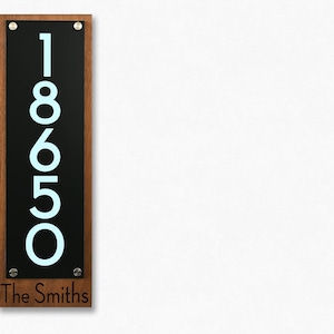 Modern House Numbers Framed laser Engraved - LED Light 5V or 12V - Iroko wood & Black Face - Home Address Plaque - Backlit Sign - Style 1