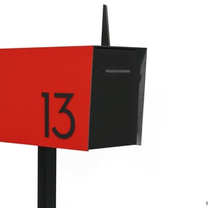 Contemporary Post Mounted Mailbox, Aluminum Red Body and Aluminum Black Door and Numbers, Modern Design, Custom Mailbox Mailnest Type 4
