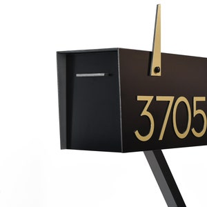 Contemporary Post Mounted Mailbox, Aluminum Black Body and Door with Aluminum Gold Numbers, Modern Design, Custom Mailbox, Mailnest, Type 4
