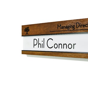 Modern Office Door Name Plate - Solid Wood Iroko (African Teak) and White Acrylic Sliding Plate - Wall Mounted - Business Office Door Sign