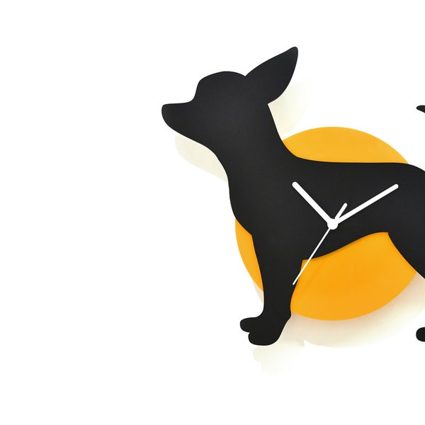 Wagging Tail Chihuahua Dog - Black & Yellow Silhouette - Wall Clock