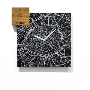 Reloj de pared de aluminio negro cuadrado moderno - Grabado con láser de fibra - Arte de montaje en pared - Me encanta París - Francia - Mapa de carreteras de la ciudad - Viajes - Vacaciones