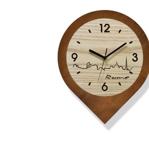 Pin Clock Laser Engraved - Simple & Trendy Decor - Wooden Wall Mount - Rome City Skyline - Travel Gift - Italy - Couple Holiday Gift Idea