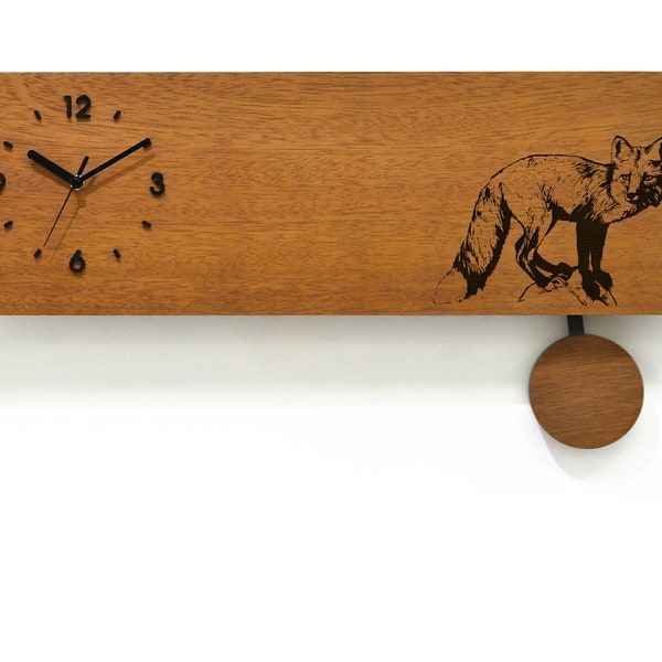 Modern Wooden Wall Clock - Pendulum Wall Clock - Laser Engraved on Iroko Wood - Hunter Gift - Forest Theme - Mountain Cottage House - Fox
