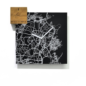 Reloj de pared de aluminio negro cuadrado moderno - Grabado con láser - Montaje en pared - Me encanta Kuala Lumpur - Malasia - Mapa de calles de la ciudad - Road Trip Deco