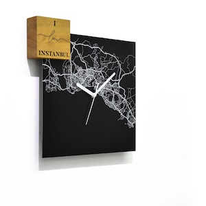 Reloj de pared de aluminio negro cuadrado moderno - Grabado con láser - Montaje en pared - Me encanta Estambul - Turquía - Mapa de calles de la ciudad - Viaje por carretera - Minimalista
