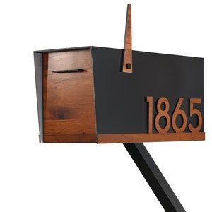 Contemporary Post Mounted Mailbox, Aluminum Black Body with Aluminum Red Oak Door and Underline Numbers, Modern Custom Design Mailbox Type 4