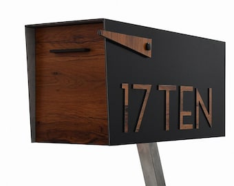 Contemporary Post Mounted Mailbox, Aluminum Black Body and Aluminum Red Oak Door and Numbers, Modern Design, Custom Mailbox Mailnest Type 4