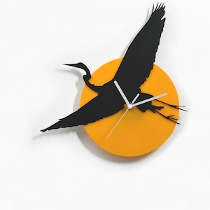 Flying Water Bird Silhouette Wall Clock - Yellow & Black Silhouette - Sunset Decor - Room Decor - House Boat decor - Coastal Beach House