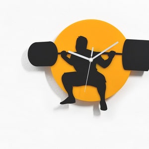 Weight Lifting Silhouette Wall Clock - Yellow & Black Silhouette - Sport Decor - Gym Decor - Bodybuilder Gift - Weightlifting - Powerlifting