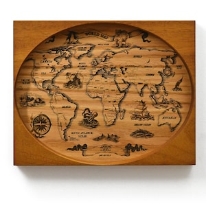 Carte du monde dans un cadre en bois, cadre en bois moderne en teck africain, bois d'iroko, carte du monde, carte du monde, carte du monde, art mural, carte du monde, vintage