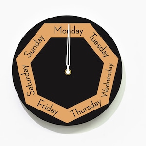 Może przedstawiać: Okrągły zegar w kolorze czarnym i brązowym z białą wskazówką wskazującą na poniedziałek. Dni tygodnia są napisane na brązowym okręgu wokół tarczy zegara.