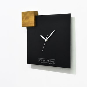 Modern Square Black Aluminum Wall Clock - Fiber Laser Engraving - Wedding Date Numbers - Family Monogram - Engagement Gift - Couple Initials