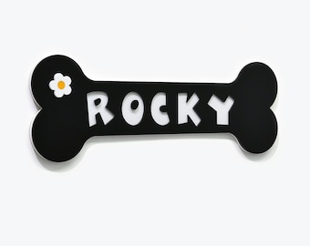 Signo de nombre de hueso de perro, signo de acrílico blanco y negro, signo de nombre de perro personalizado, signo de mascota, signo de la casa del perro