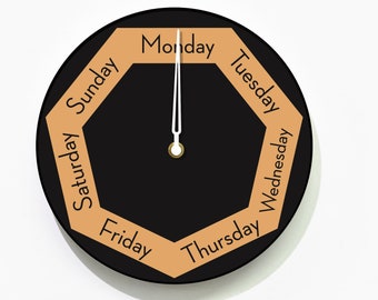 Day of The Week Clock - Round Black & Orange Wall Clock - Week Clock - Fun Clock Gift - Funny Office Clock - RGB LED 5V Backlit Option
