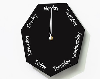 Day of The Week Clock - Heptagon Black Wall Clock - Week Clock - Fun Clock Gift - Office Clock - RGB LED 5V Backlit Option