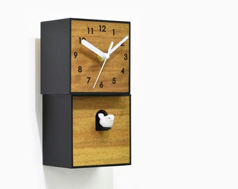 Modern Cuckoo Bird Clock - Solid Wood - Wooden Wall Clock / Table Clock - Minimalist Wall Art - Contemporary Decor - City Two-Story Square