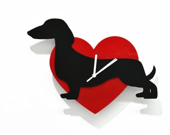 Wagging Tail Dachshund Dog - Red Heart & Black Silhouette - Wall Clock