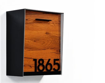 Mailbox with Black Aluminum Body, Red Oak Face and Underline Black Acrylic Number, Custom Personalized Mailbox, Modern Wall Mounted, Type 2
