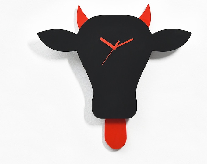 Wagging Tongue and Horns  - Cow's Head - Black & Red Silhouette Wall Clock - Ranch Decor - Farm Wall Decor - Funny Clock - Cowboy Gift
