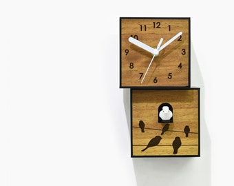 Modern Cuckoo Bird Clock - Solid Wood - Wooden Wall / Table Clock - Minimalist Wall Art - Laser Engraved - City Two-Story - Birds on Wire