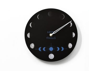 Moon Phase Wall Clock - Lunar Cycle - Round Black - Moon Phase Tracker - Lunar Phase Clock - Full Moon - Boho Style - Optional RGB LED 5V