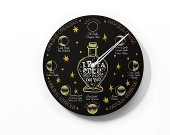 Moon Phase Wall Clock - Lunar Cycle - Round Black - Witch Clock - Magic - Witchy Gifts - Witchcraft - Witchy Decor - Optional RGB LED 5V