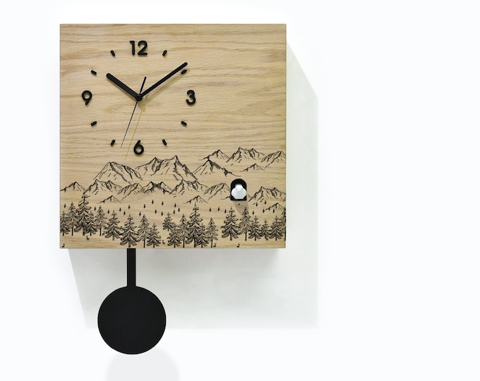 Modern Cuckoo Bird Time Box Clock - Natural Wood Laser Engrave - Wall Mount or Table Clock - Mountains - Forest - Cabin Decor - Nature Lover