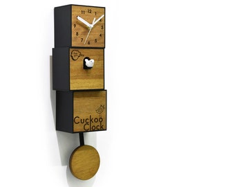 Modern Cuckoo Bird Clock - Solid Wood - Pendulum Wall Clock - Minimalist Wall Art - Decor - City Three-Story - Gift Idea - Hey You Wake Up
