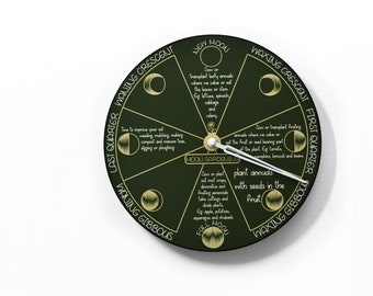 Moon Phase Wall Clock - Round Dark Green - Gardener Planner - Farmer Gift - Planting by the Moon - Moon Gardening - Optional RGB LED 5V