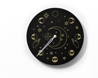 Moon Phase Wall Clock - Lunar Cycle - Round Black - Moon Phase Tracker - Unique Wall Decor - Moon Phase Wall Art - Optional RGB LED 5V