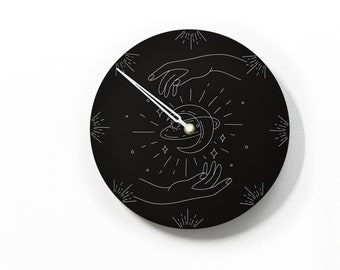 Universe in Hands Wall Clock - Lunar Cycle - Round Black - Spiritual Clock - Unique Wall Decor - Moon Phase Wall Art - Optional RGB LED 5V