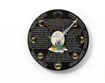 Moon Phase Wall Clock - Lunar Cycle - Round Black - Farmer Gift - Planting by the Moon - Moon Gardening - Gardener Gift Optional RGB LED 5V
