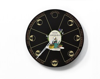 Moon Phase Wall Clock - Lunar Cycle - Round Black - Moon Phase Tracker - Planting by the Moon - Moon Gardening - Optional RGB LED 5V
