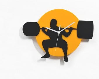 Weight Lifting Silhouette Wall Clock - Yellow & Black Silhouette - Sport Decor - Gym Decor - Bodybuilder Gift - Weightlifting - Powerlifting
