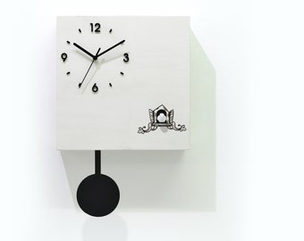 Modern Cuckoo Bird Time Box Clock - White Chalk Laser Engrave - Wall Mount Pendulum Clock - Contemporary Deco - Charming Cuckoo - Stylish