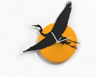 Flying Water Bird Silhouette Wall Clock - Yellow & Black Silhouette - Sunset Decor - Room Decor - House Boat decor - Coastal Beach House