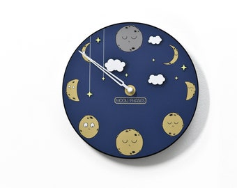 Moon Phase Wall Clock - Lunar Cycle - Round Blue - Moon Phase Tracker - Nursery Wall Decor - Baby Room - Kids Clock - Optional RGB LED 5V