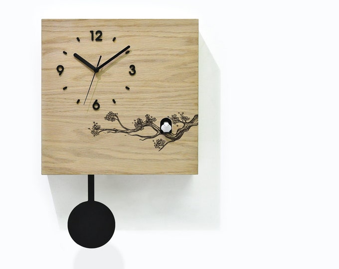 Modern Cuckoo Bird Time Box Clock - Natural Wood Laser Engrave - Wall Mount Pendulum Clock - Almond Tree - Blossoms Twig - Almond Decor