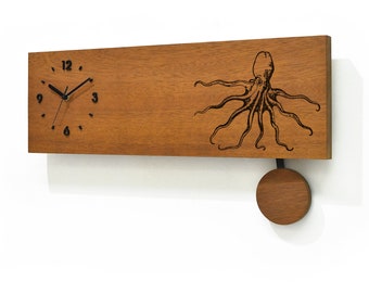 Modern Wooden Wall Clock - Pendulum Wall Clock - Wall Deco - Laser Engraved on Iroko Wood - Nautical Theme - Ocean Life - Coastal - Octopus