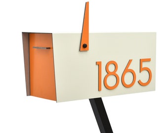 Zeitgenössische Post Mounted Mailbox - Aluminium-Elfenbein-Weiß-Körper und Aluminium-Orange-Tür und Zahlen - Modernes Design - Kundenspezifische Mailbox - Typ 4