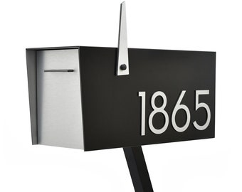 Boîte aux lettres contemporaine sur poteau - Corps en aluminium noir et porte en aluminium argenté brossé, chiffres - Design moderne - Boîte aux lettres personnalisée - Type 4