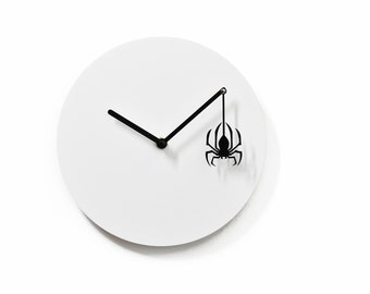 Unique Minimalist Wall Clock - White & Black with Hanging Spider - Unique Gift Ideas - Customizable Colors - Retirement Gift - Spooky Decor