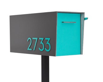 Contemporary Post Mounted Mailbox, Aluminum Metallic Gray Body and Ocean Green Door and Number, Modern Design Custom Mailbox Mailnest Type 4