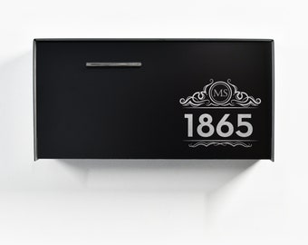 Black Aluminum (ACP) Mailbox with Silver Fiber Laser Engrave Modern Custom Personalized Monogram Initials Wall Mounted Letterbox Type 3